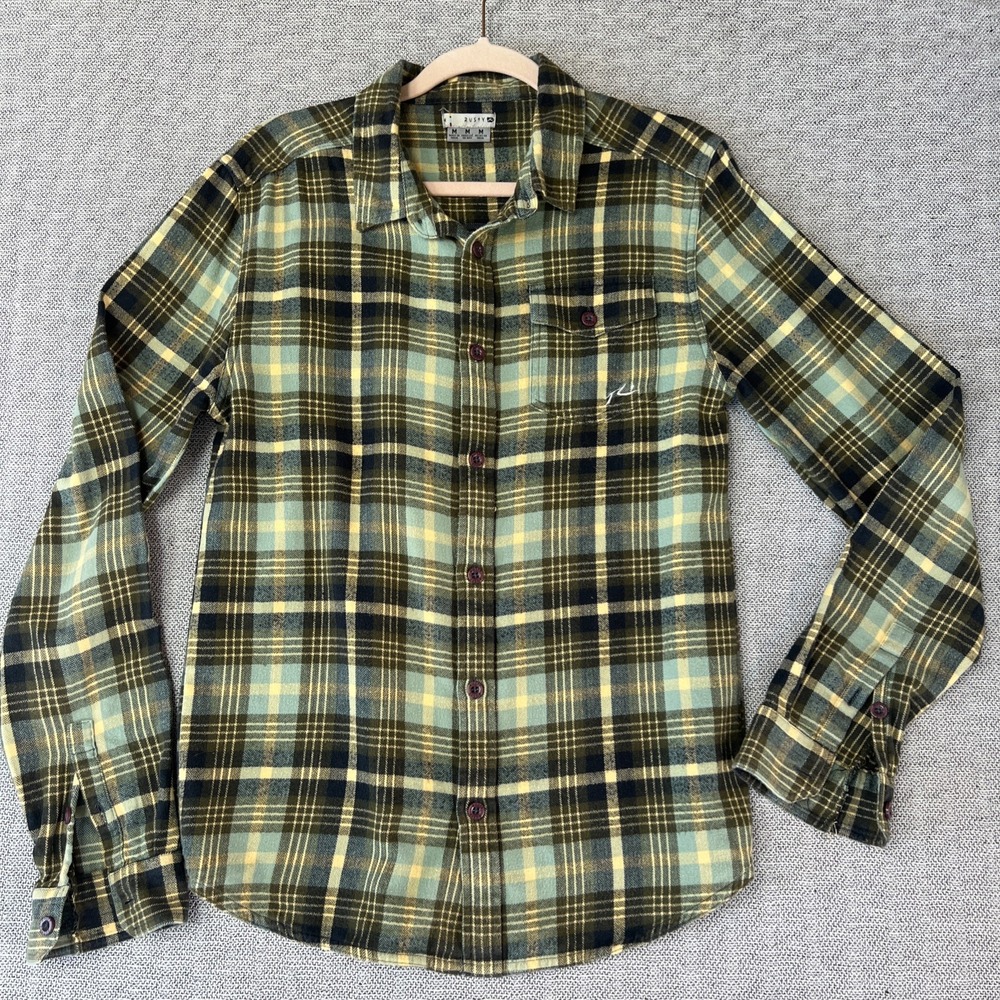 Vintage Rusty Plaid Flannel Shirt Mens M Green Button Up Cotton Surf Y2k